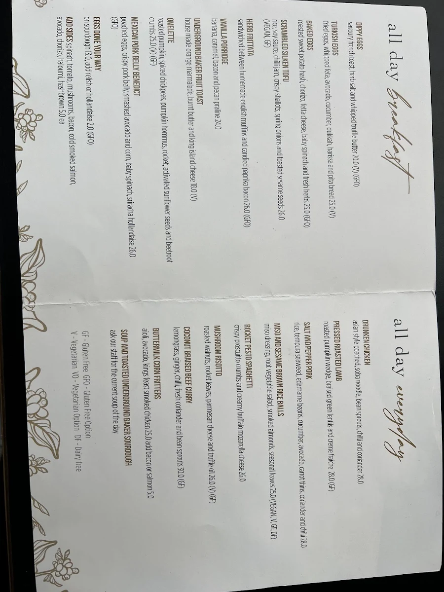 Menu, Thirty Three Cups