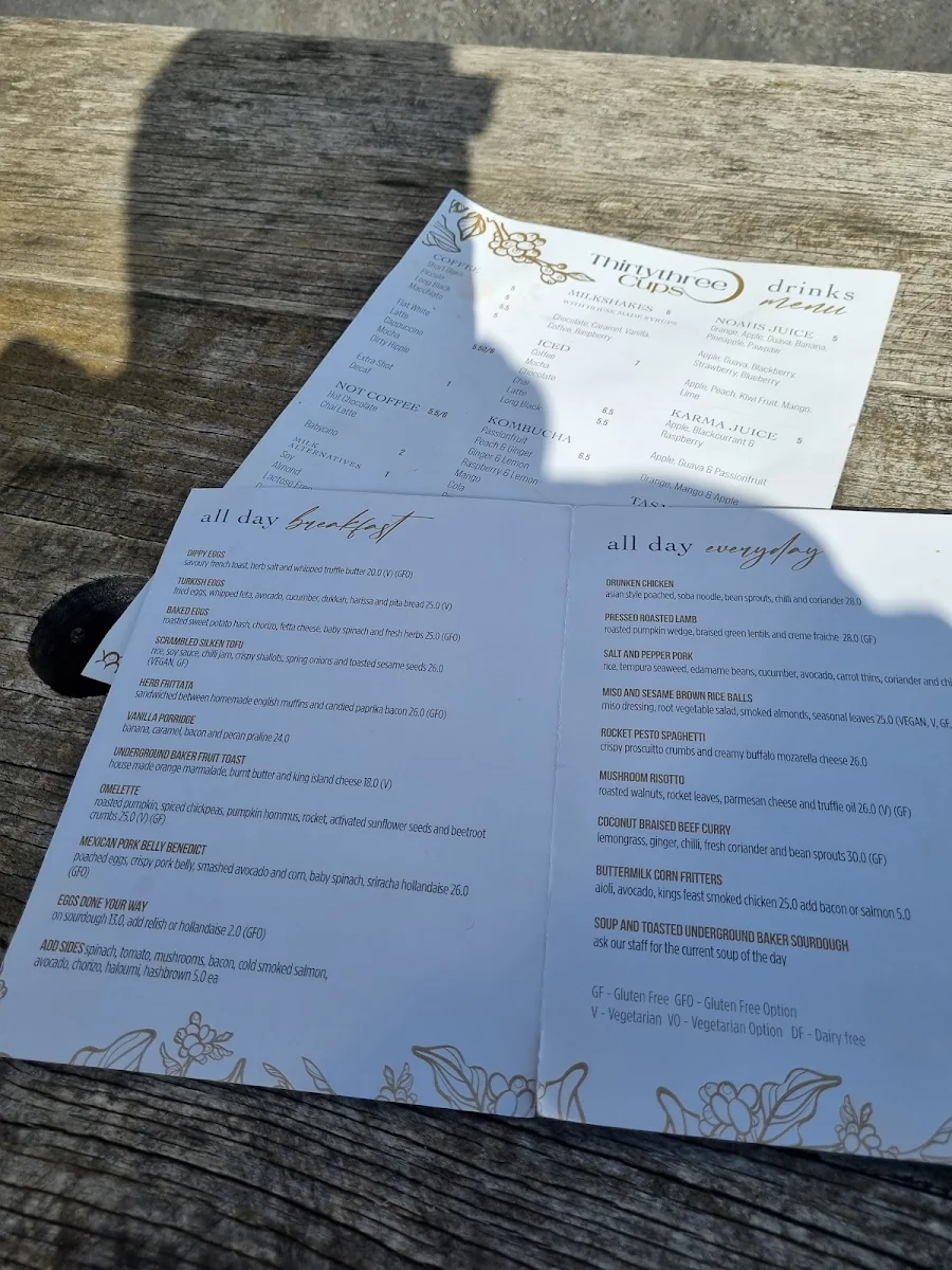 Menu, Thirty Three Cups