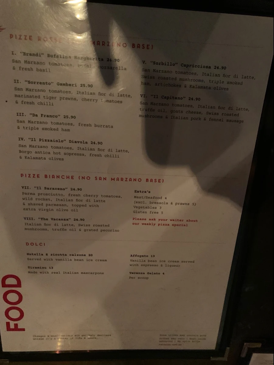 Menu, Vacanza Pizzeria Surry Hills
