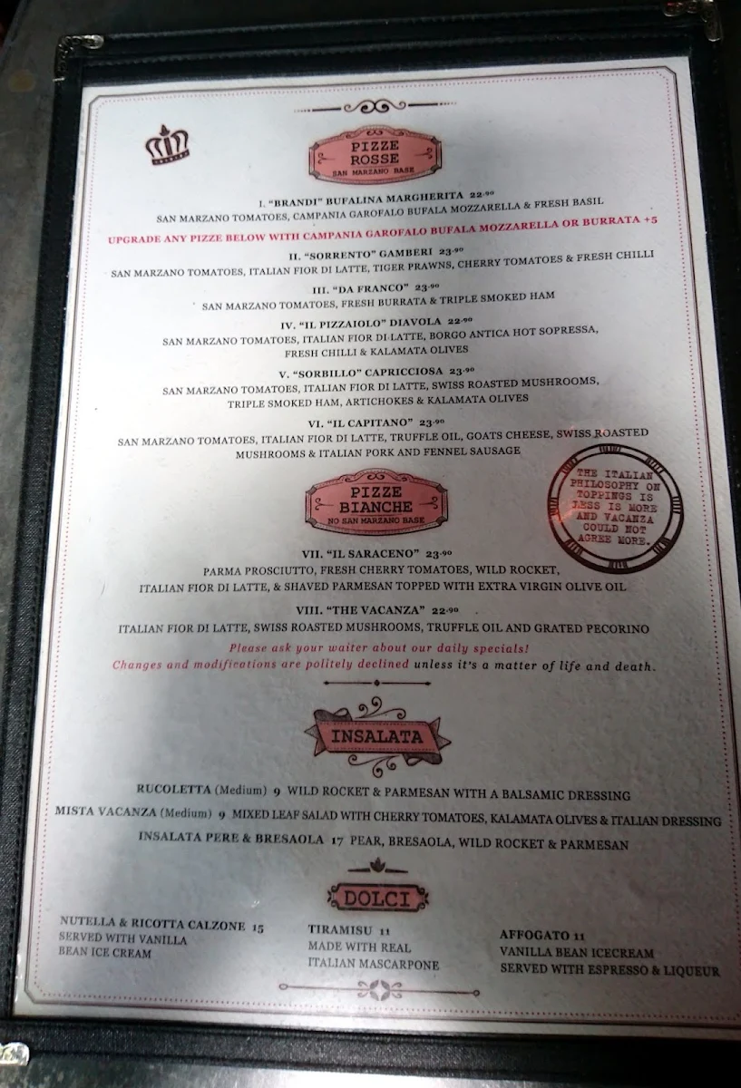 Menu, Vacanza Pizzeria Surry Hills