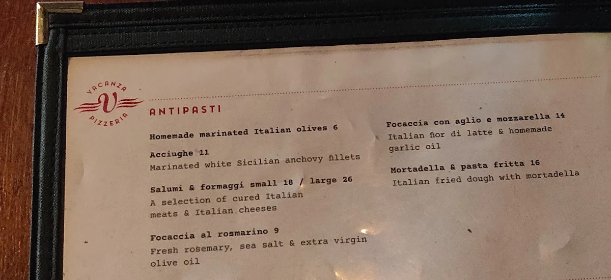 Menu, Vacanza Pizzeria Surry Hills