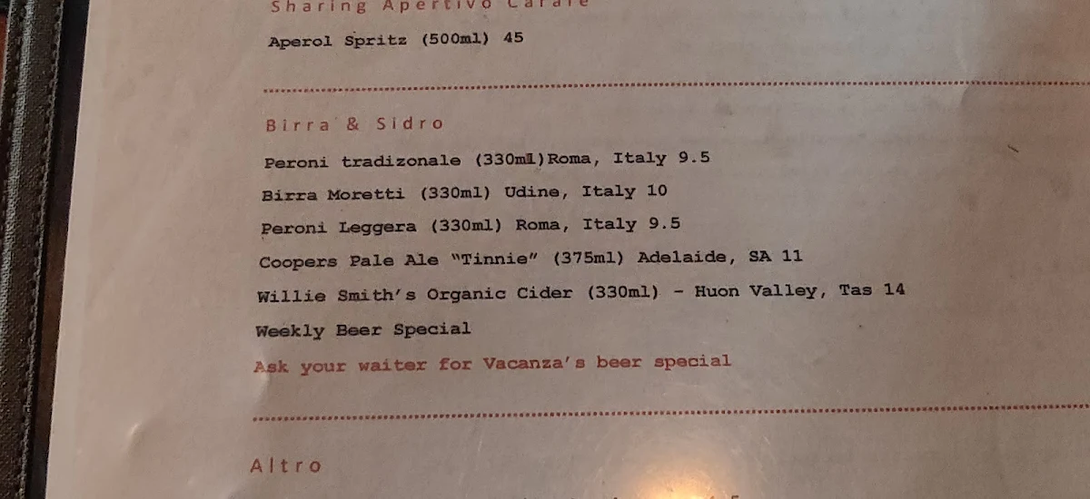 Menu, Vacanza Pizzeria Surry Hills