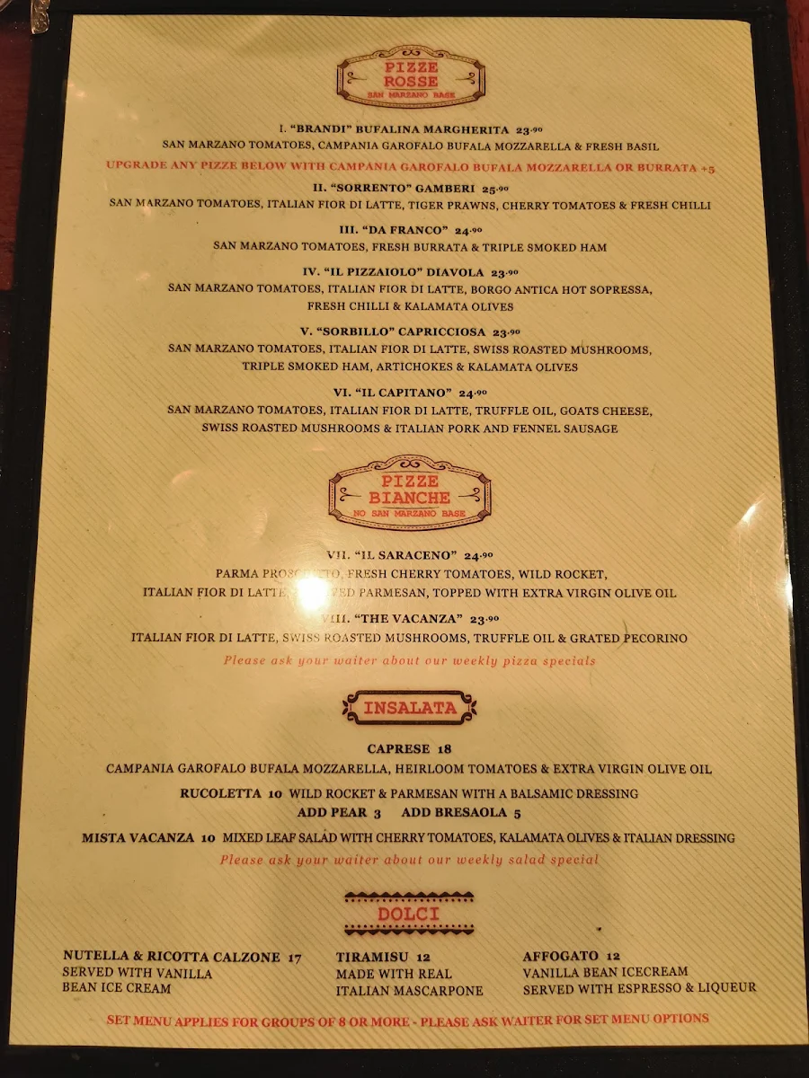 Menu, Vacanza Pizzeria Surry Hills