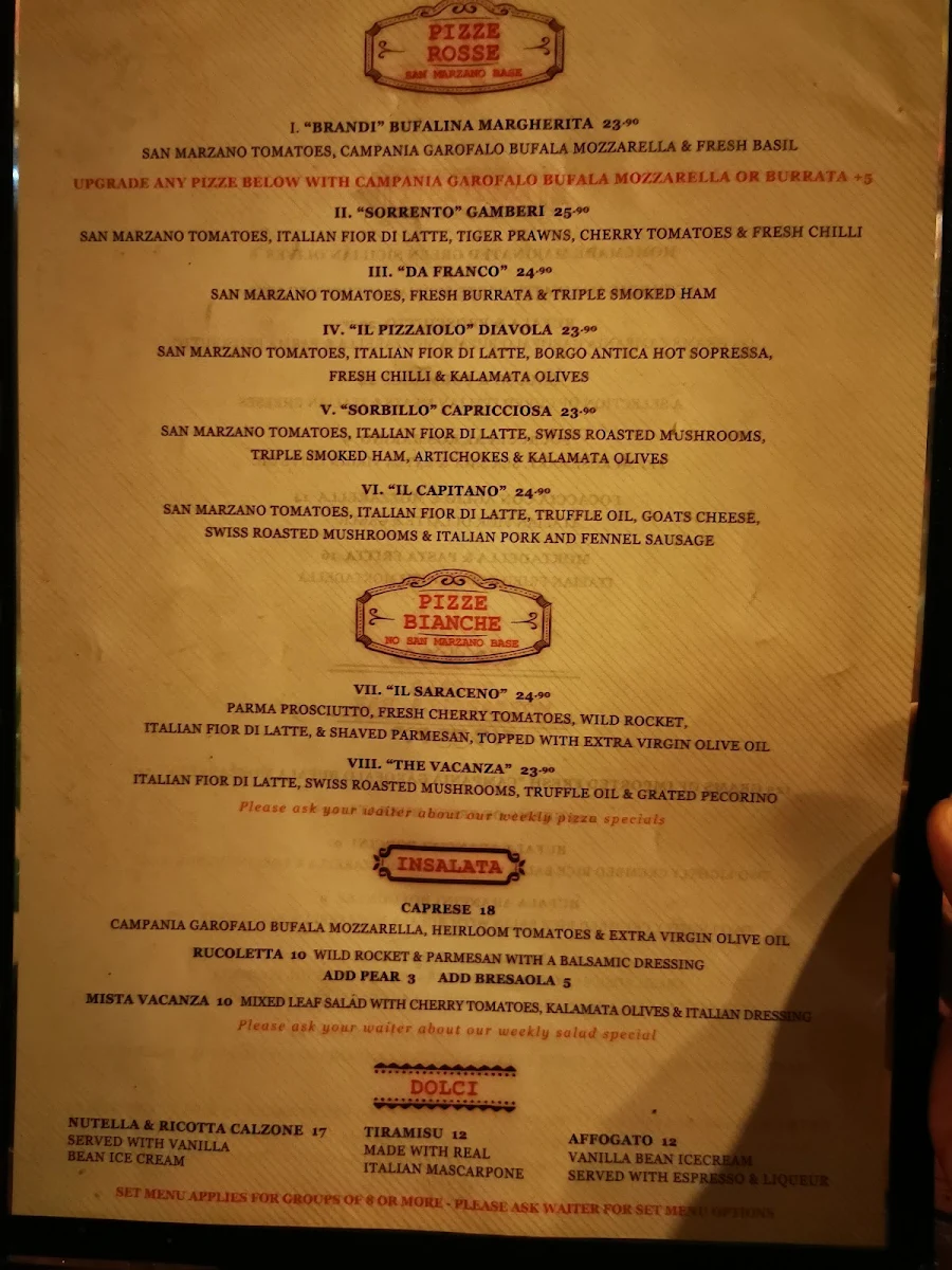 Menu, Vacanza Pizzeria Surry Hills