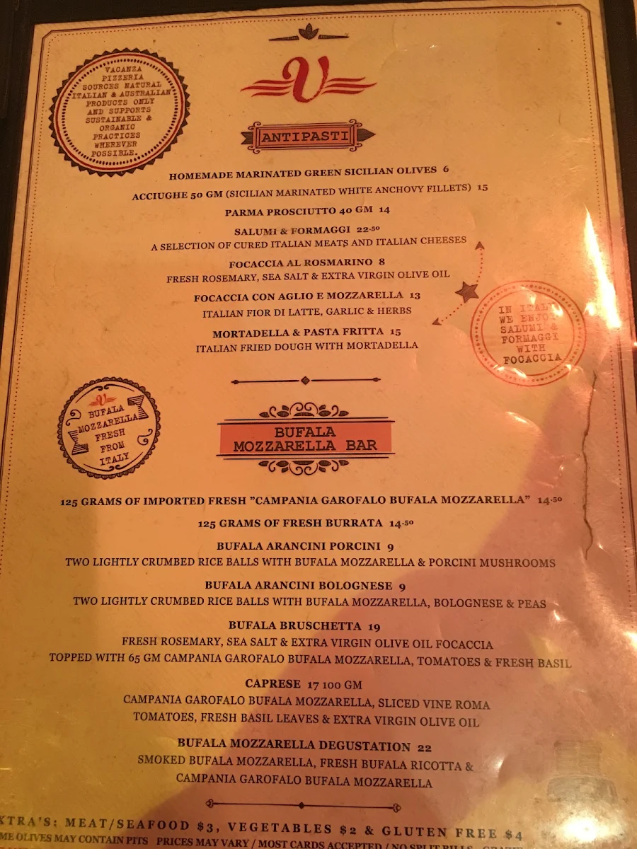 Menu, Vacanza Pizzeria Surry Hills
