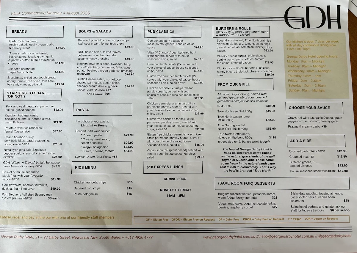 Menu, George Darby Hotel