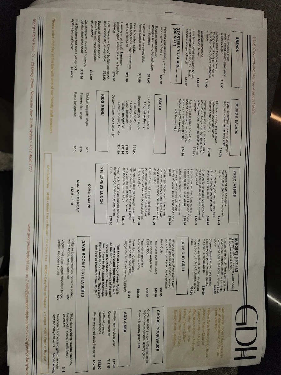 Menu, George Darby Hotel