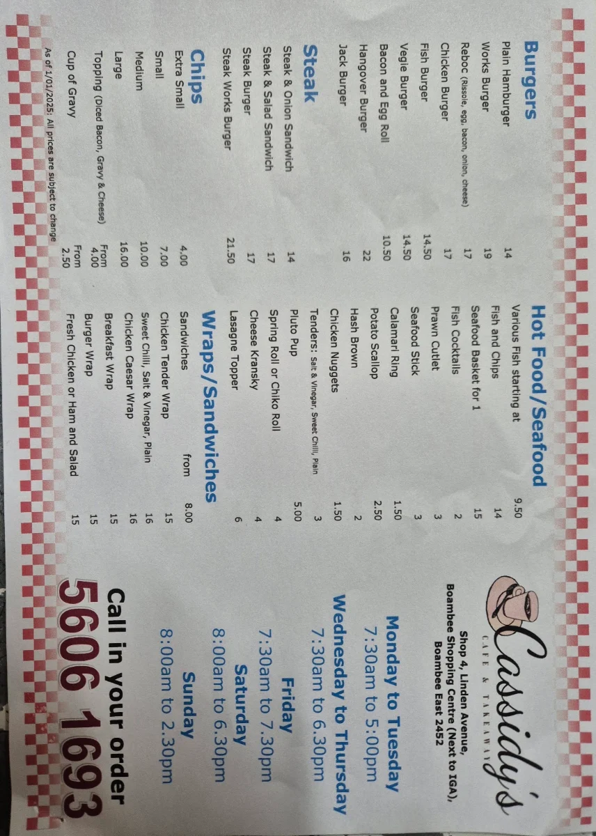 Menu, Cassidy's Cafe and Takeaway