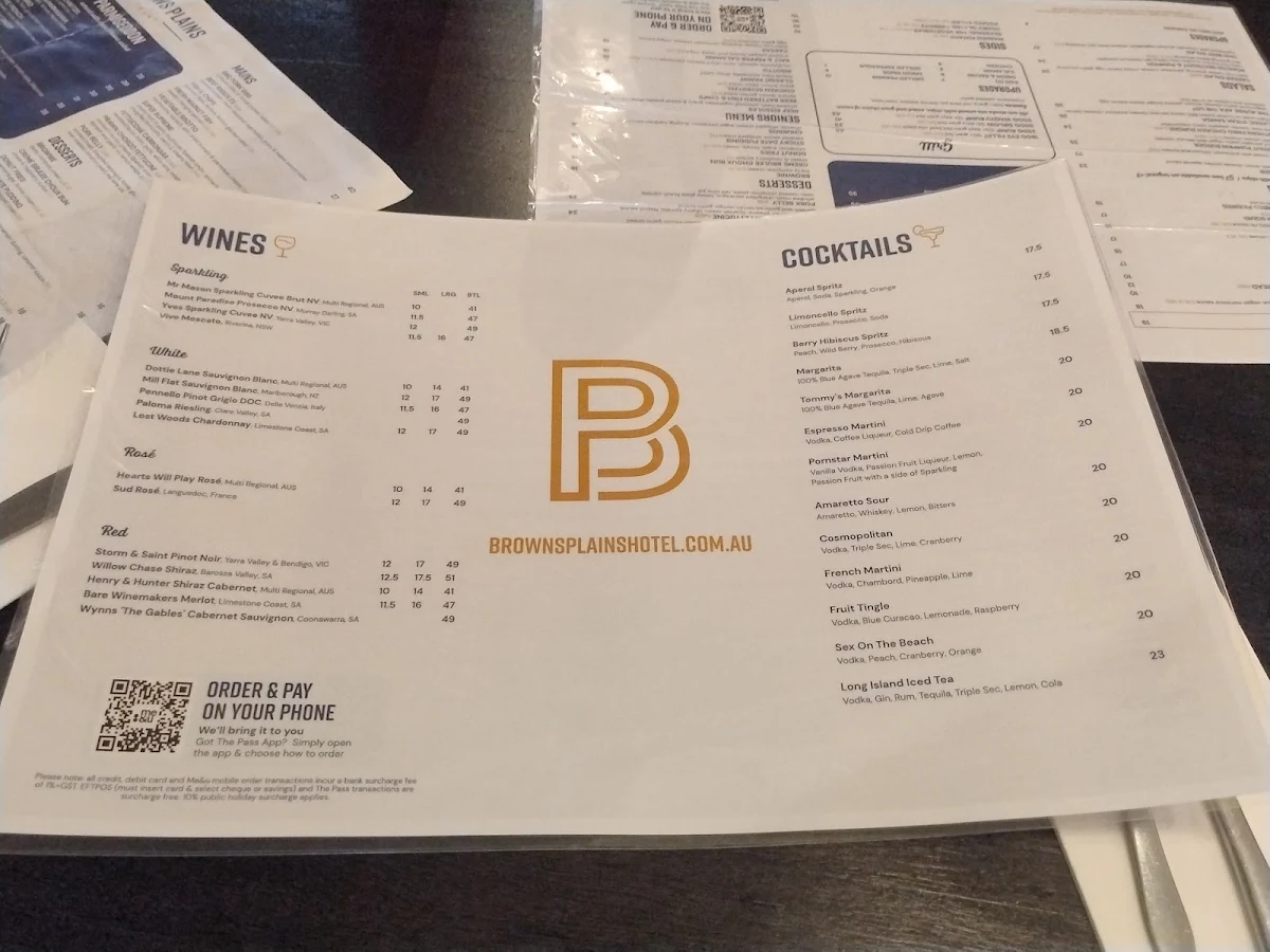 Menu, Browns Plains Hotel
