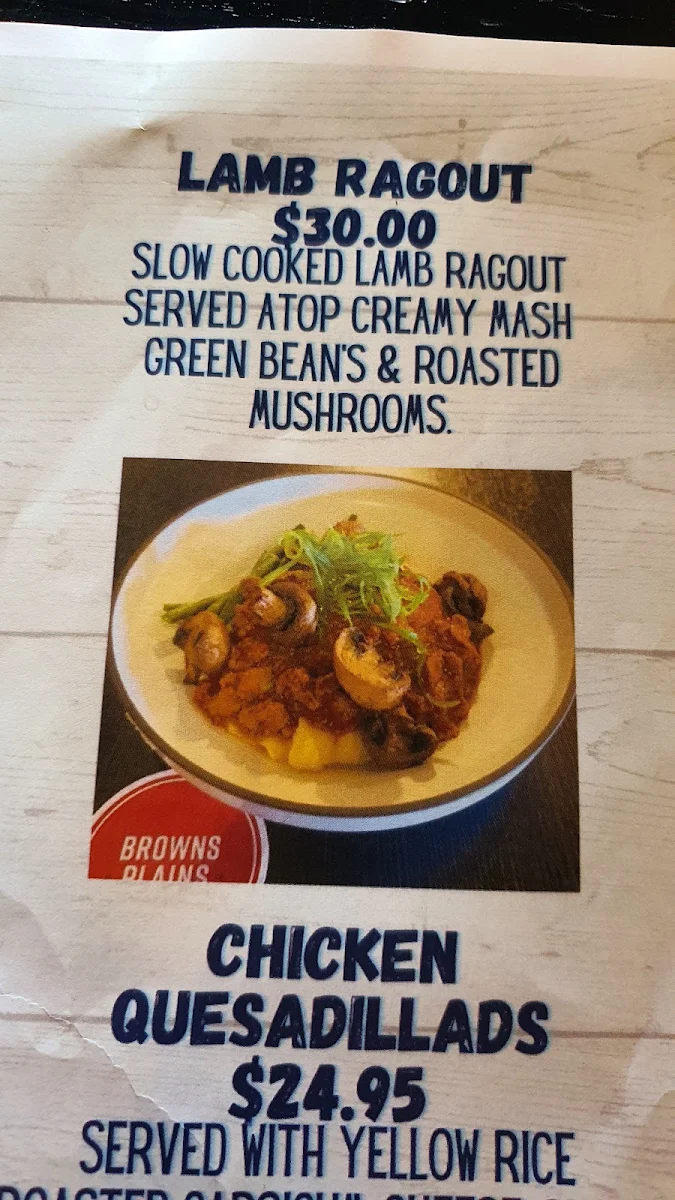 Menu, Browns Plains Hotel