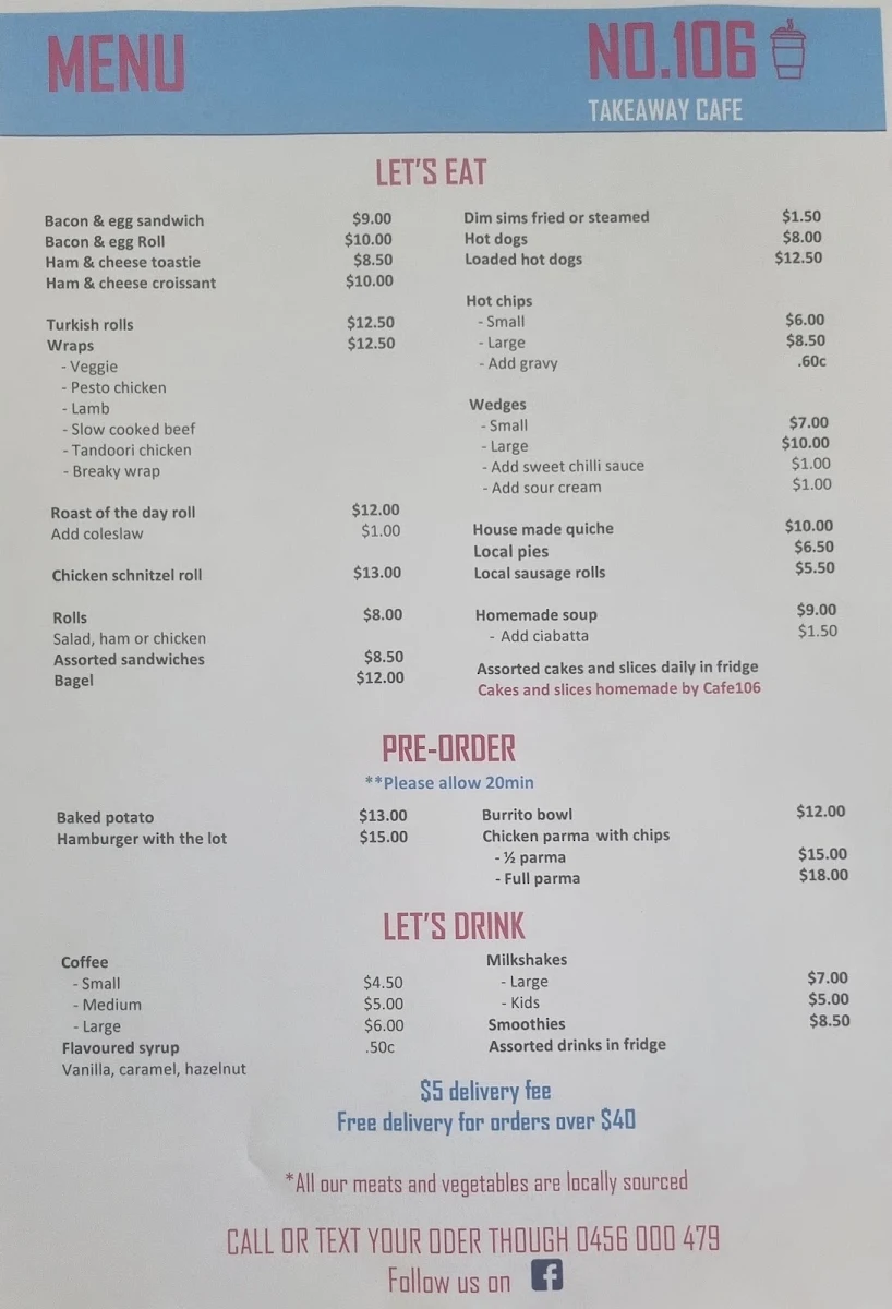 Menu, No. 106 Cafe