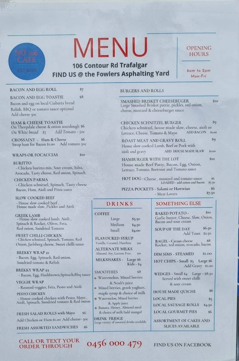 Menu, No. 106 Cafe