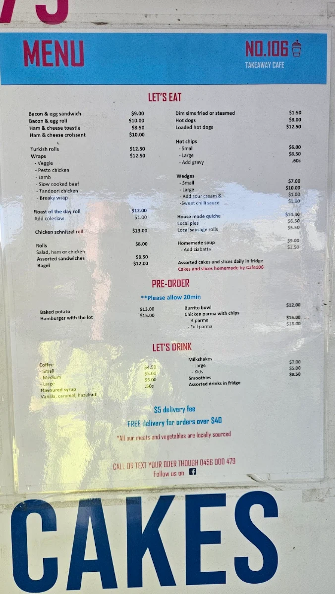 Menu, No. 106 Cafe