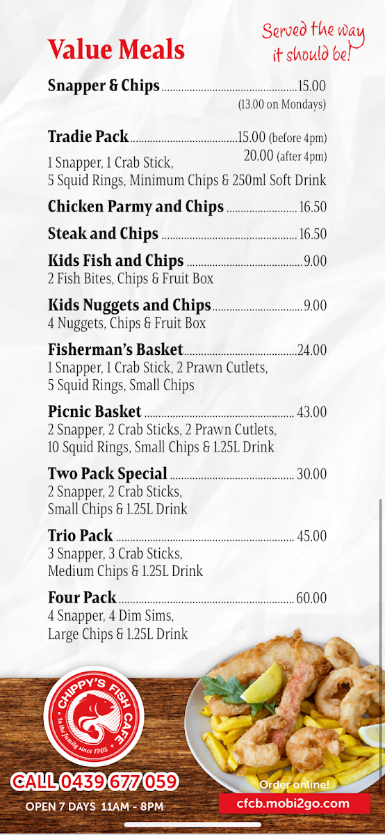 Menu, Chippy's Fish Cafe BUTLER