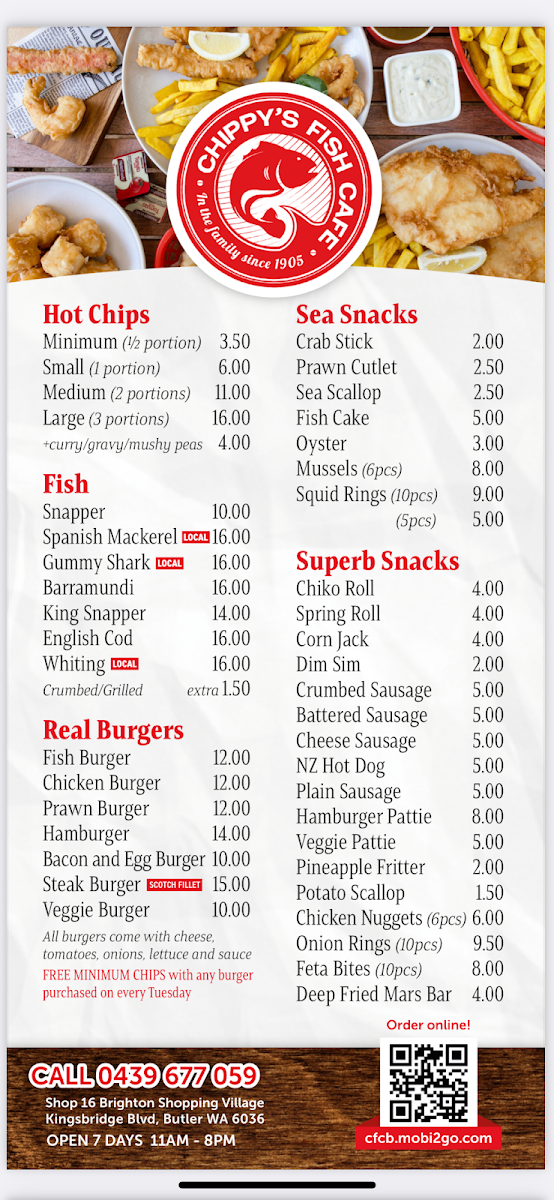 Menu, Chippy's Fish Cafe BUTLER