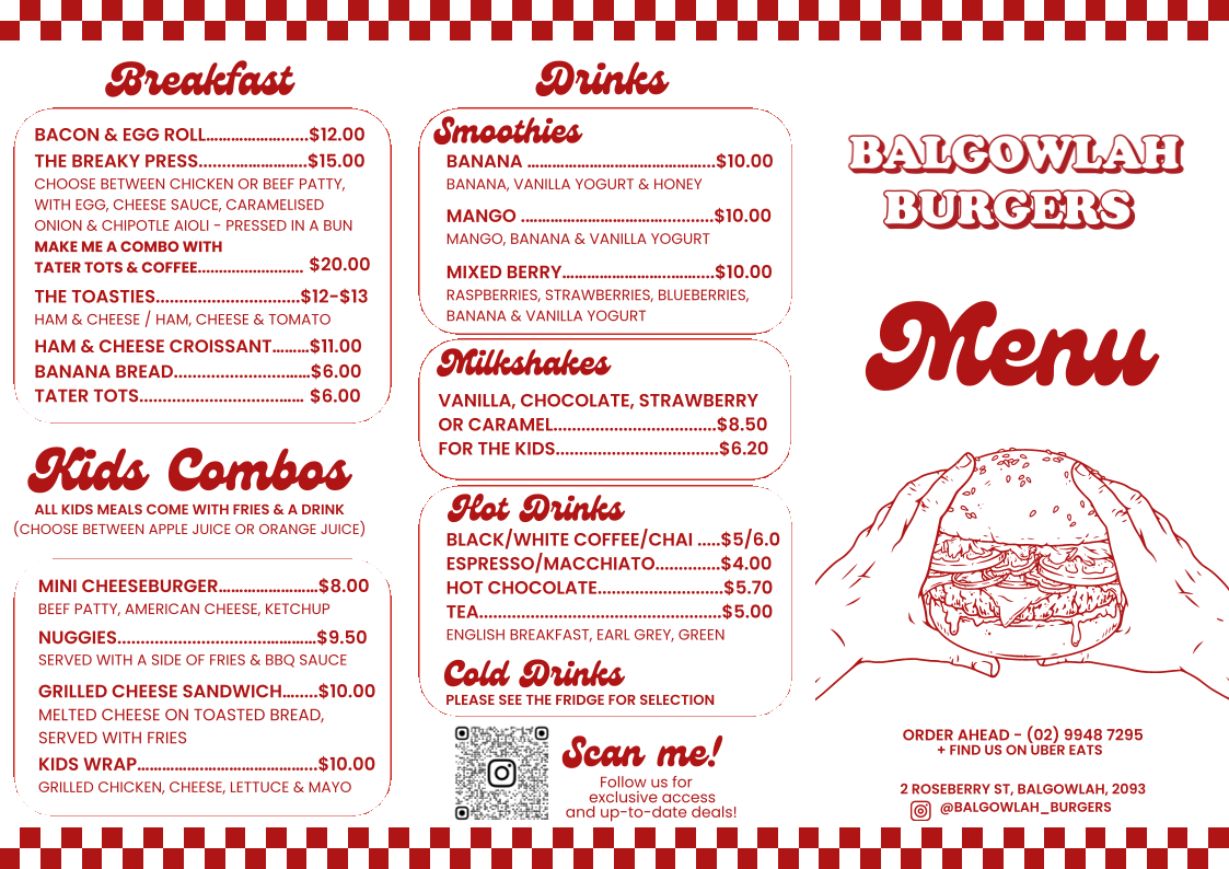 Menu, Balgowlah Burgers