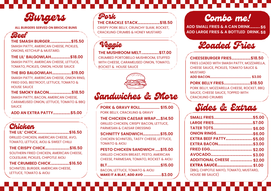 Menu, Balgowlah Burgers