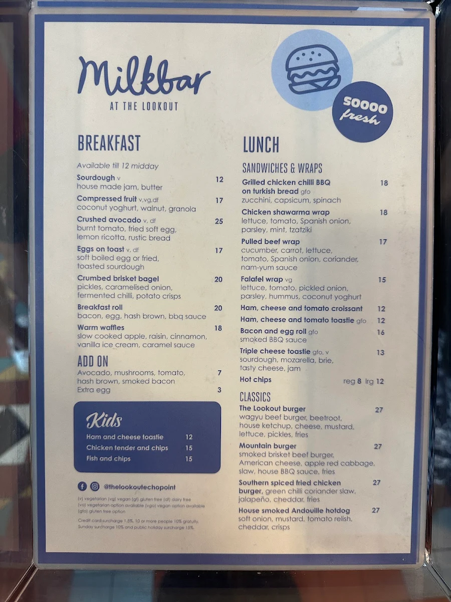 Menu, Milkbar at the lookout