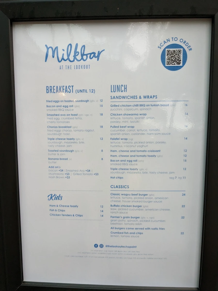 Menu, Milkbar at the lookout