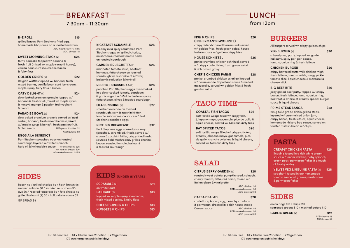 Menu, NICE CAFE NELSON BAY