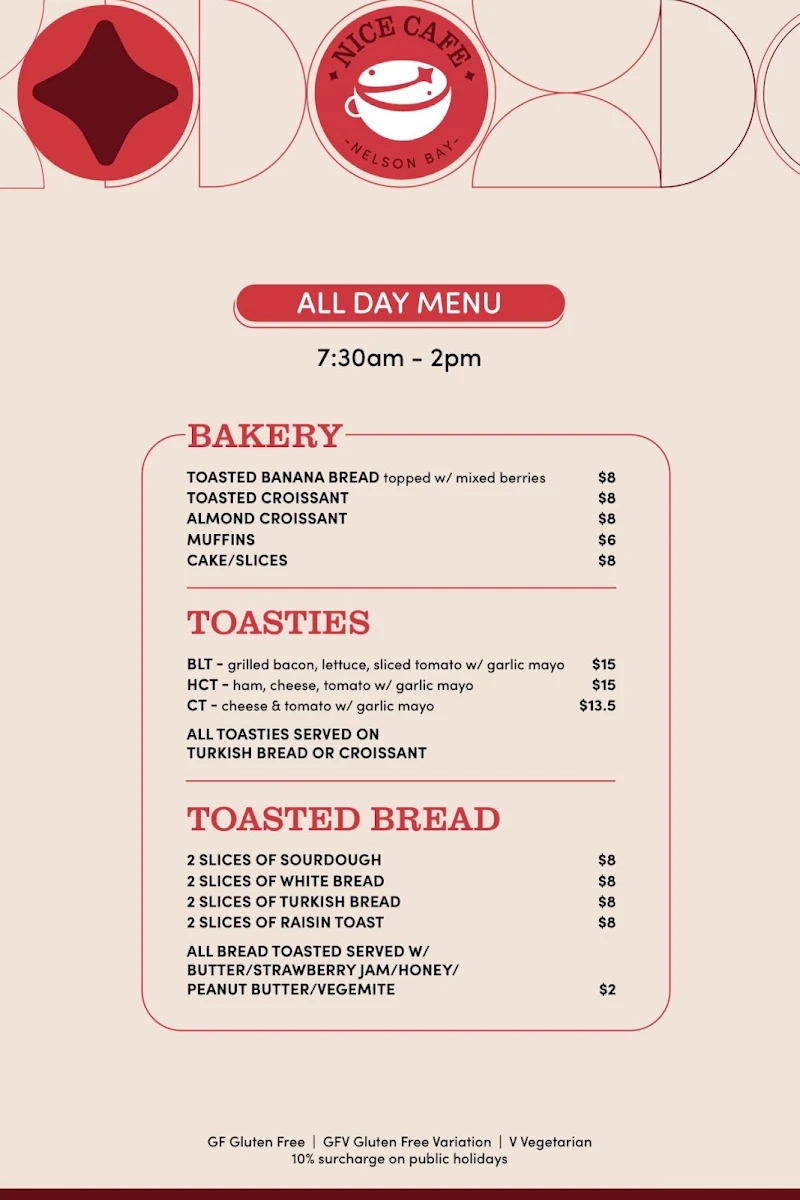 Menu, NICE CAFE NELSON BAY