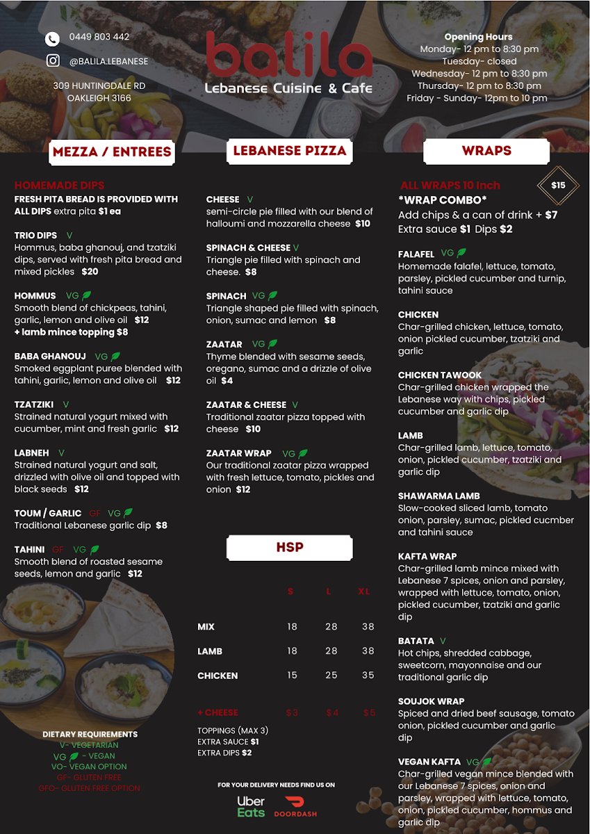 Menu, Balila Lebanese Cuisine & Cafe