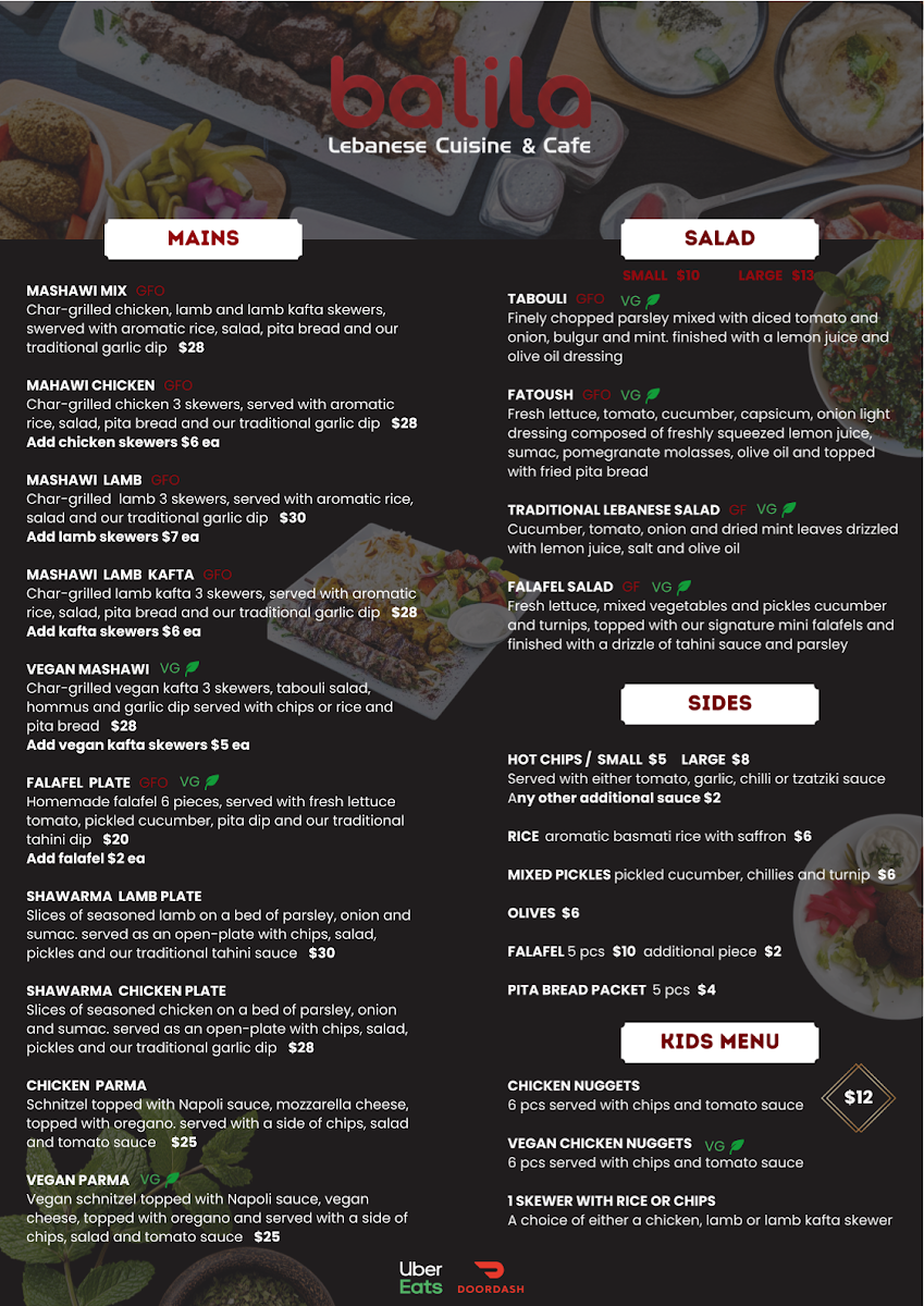 Menu, Balila Lebanese Cuisine & Cafe