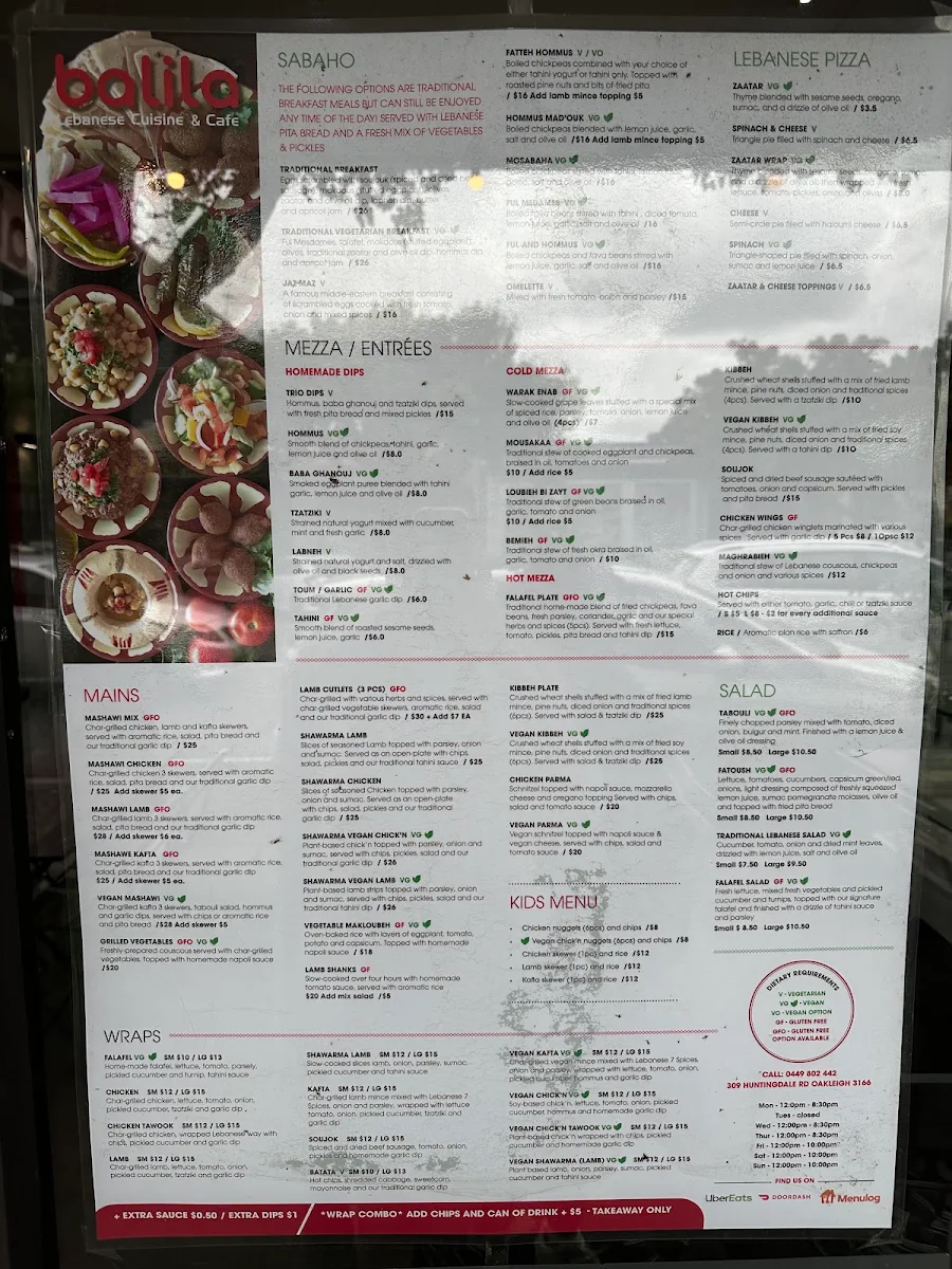 Menu, Balila Lebanese Cuisine & Cafe