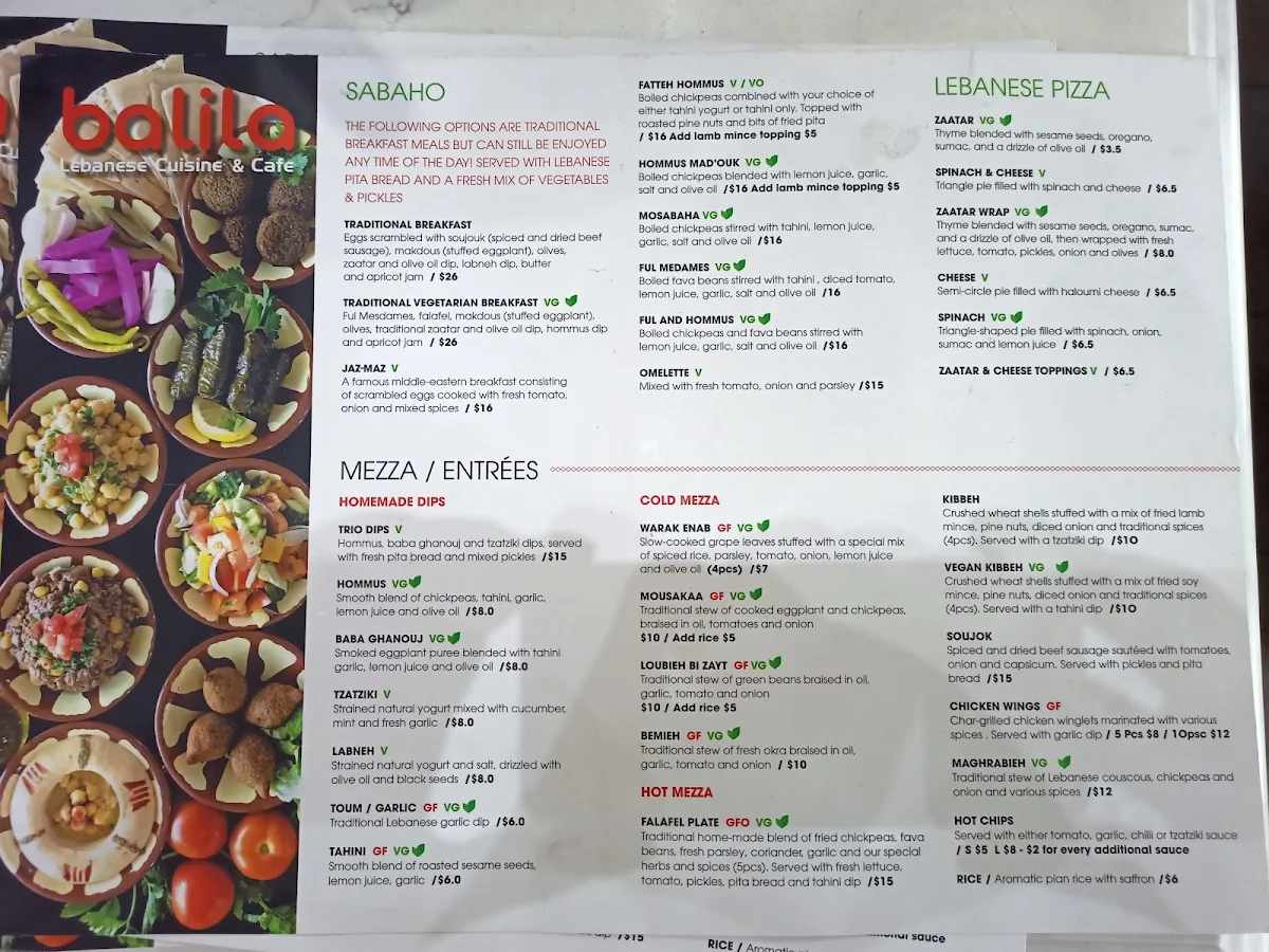 Menu, Balila Lebanese Cuisine & Cafe