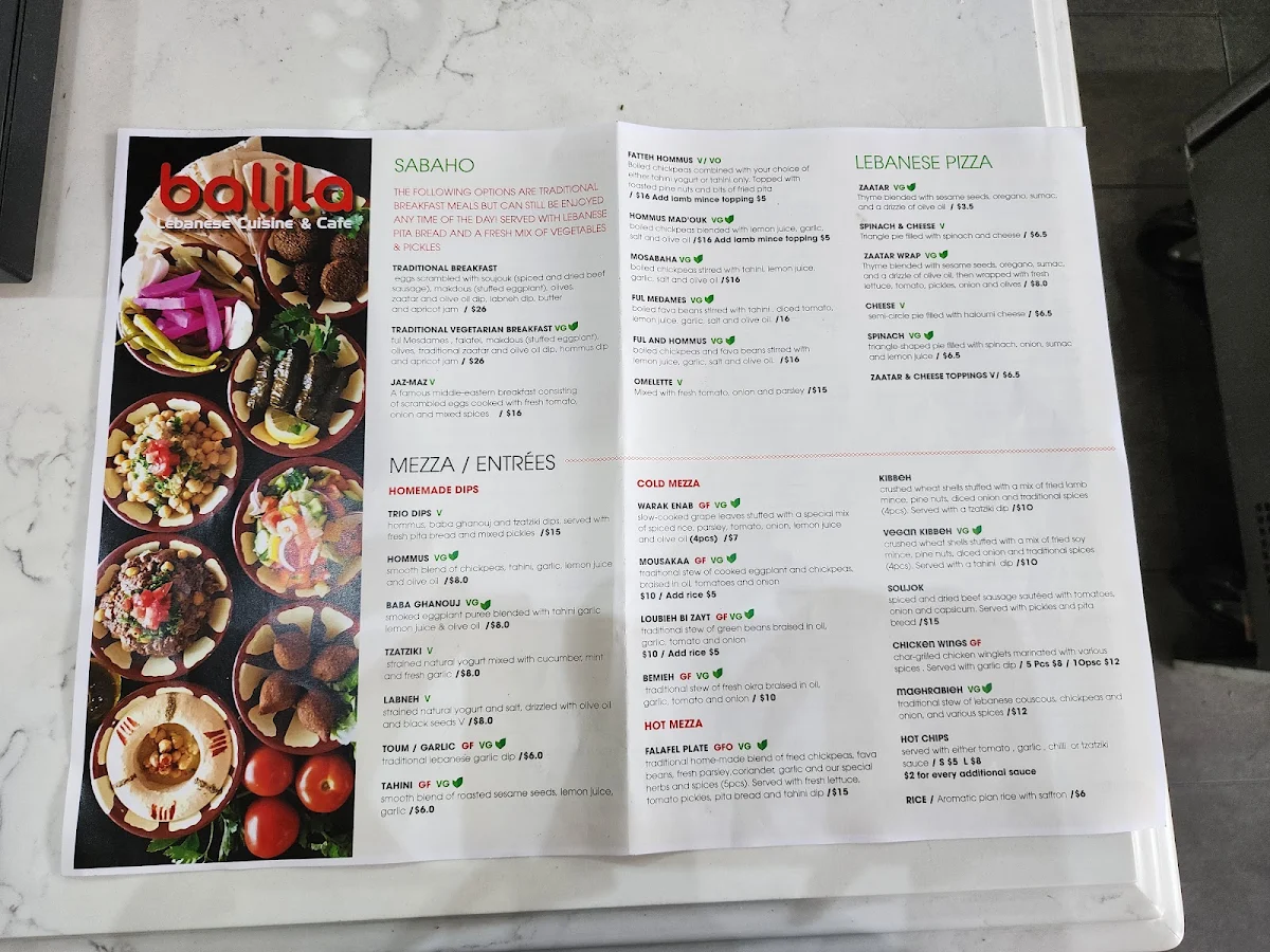 Menu, Balila Lebanese Cuisine & Cafe