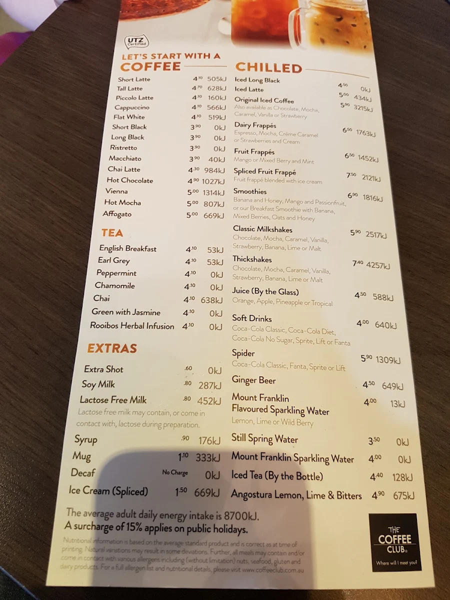 Menu, The Coffee Club Café