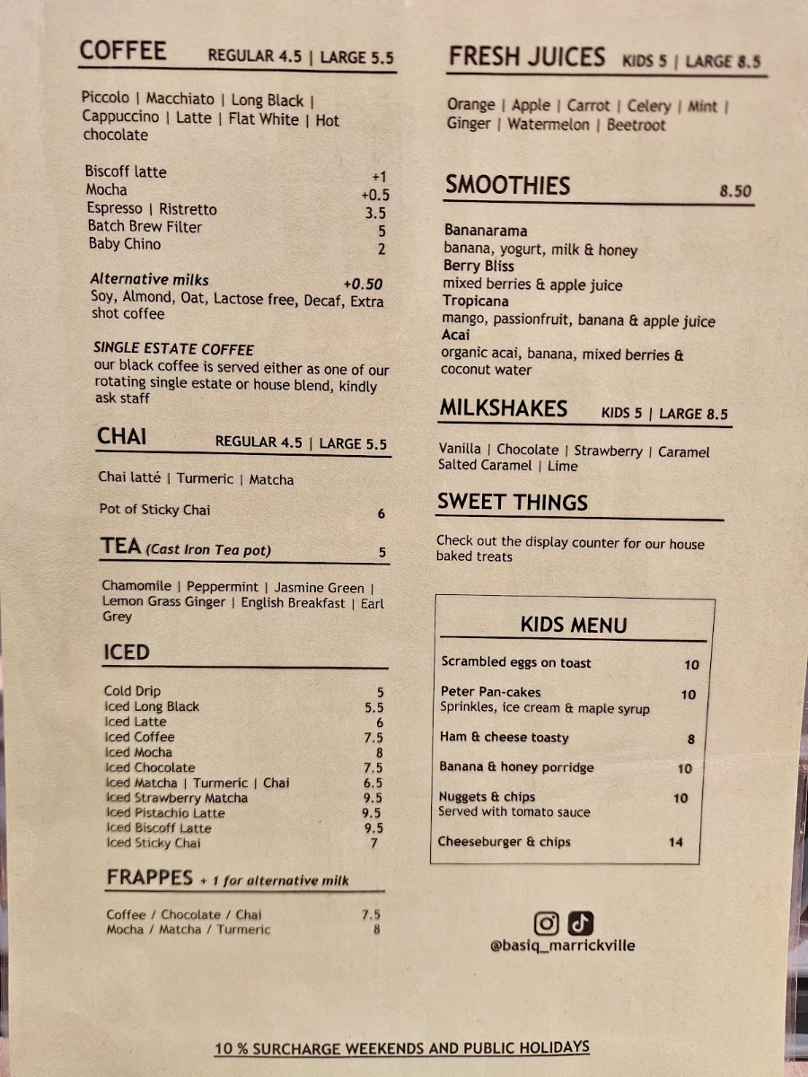 Menu, Basiq Cafe