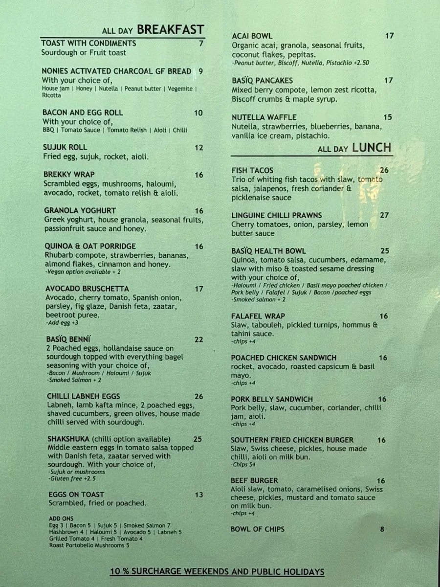 Menu, Basiq Cafe