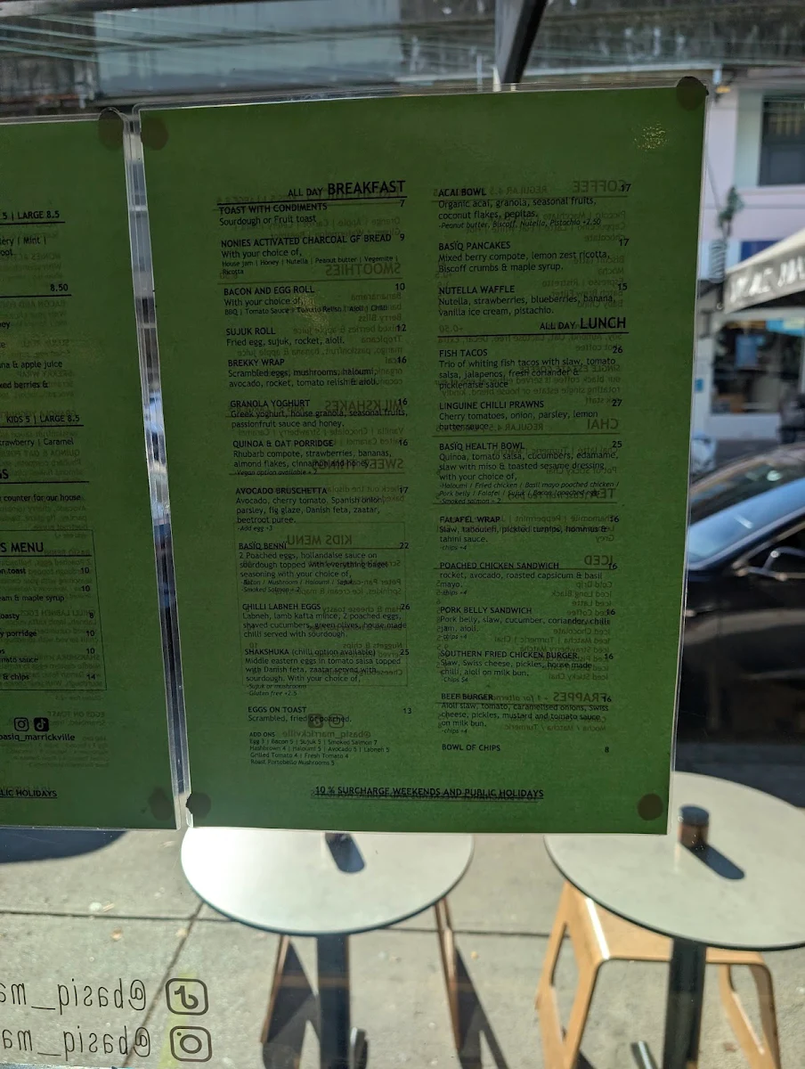 Menu, Basiq Cafe