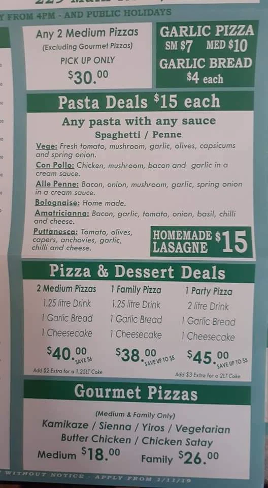 Menu, Oakbank Pizza Bar