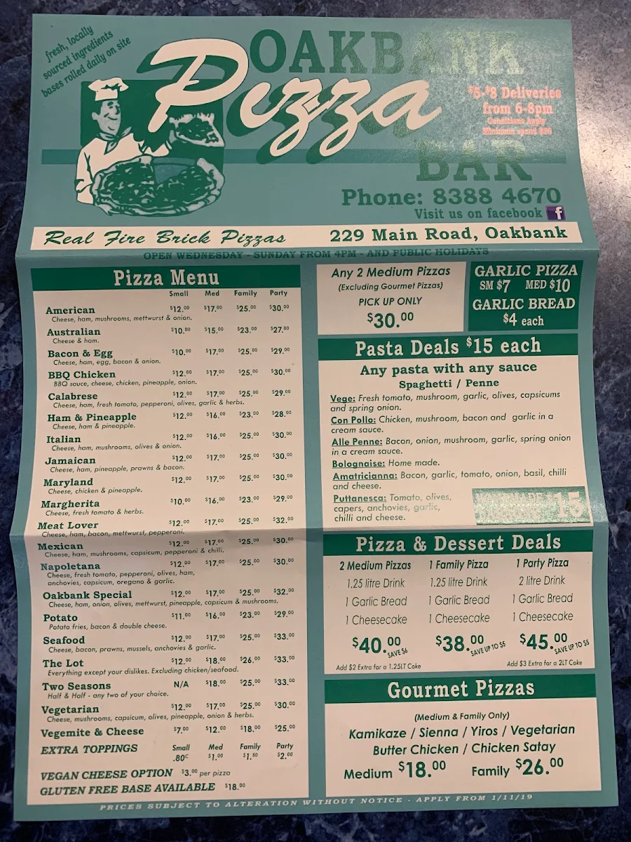 Menu, Oakbank Pizza Bar