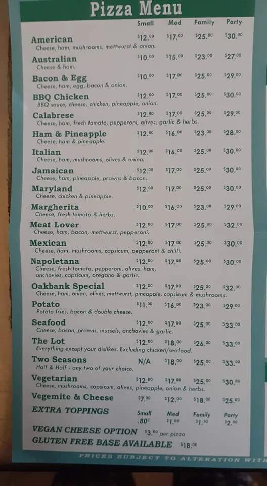 Menu, Oakbank Pizza Bar