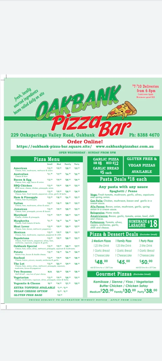 Menu, Oakbank Pizza Bar