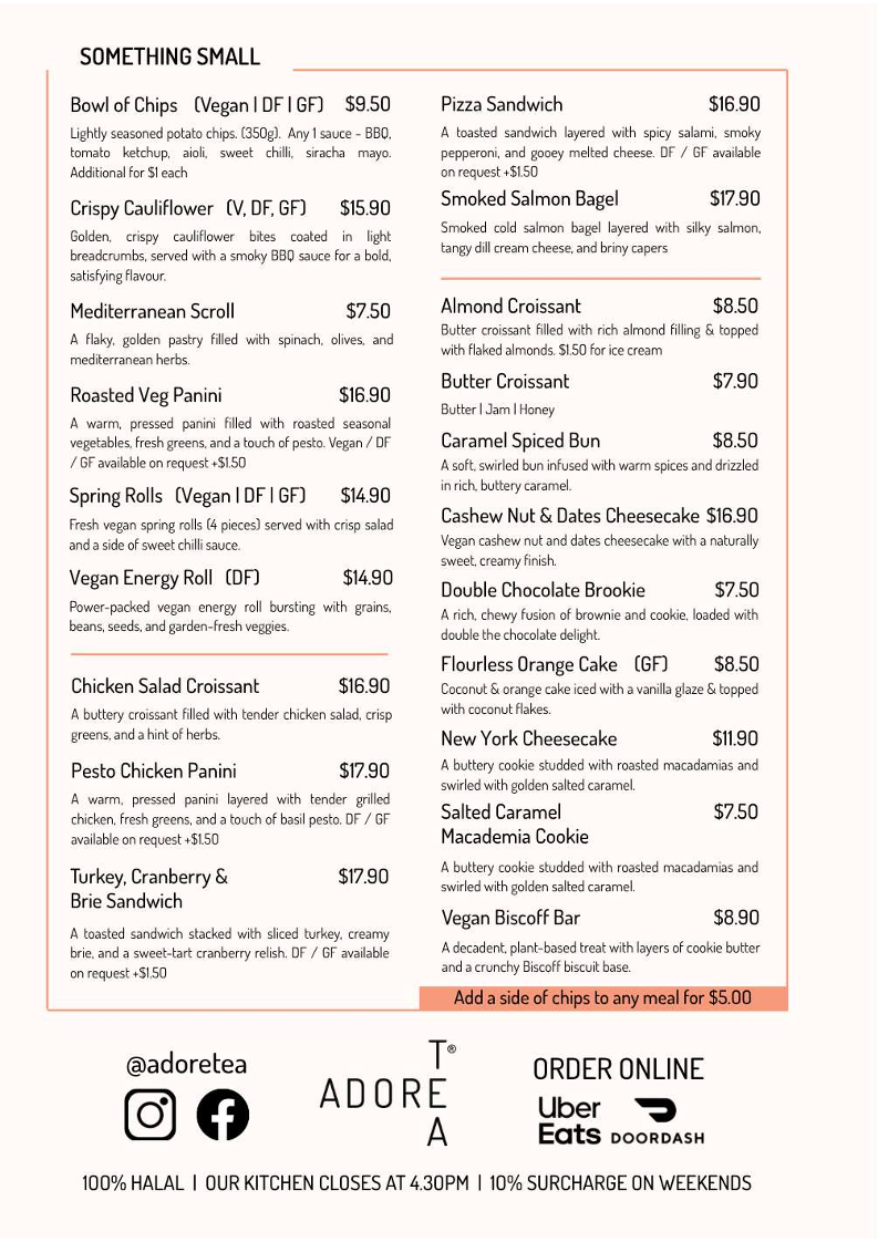 Menu, Adore Tea Teahouse & Boutique - Mitchell
