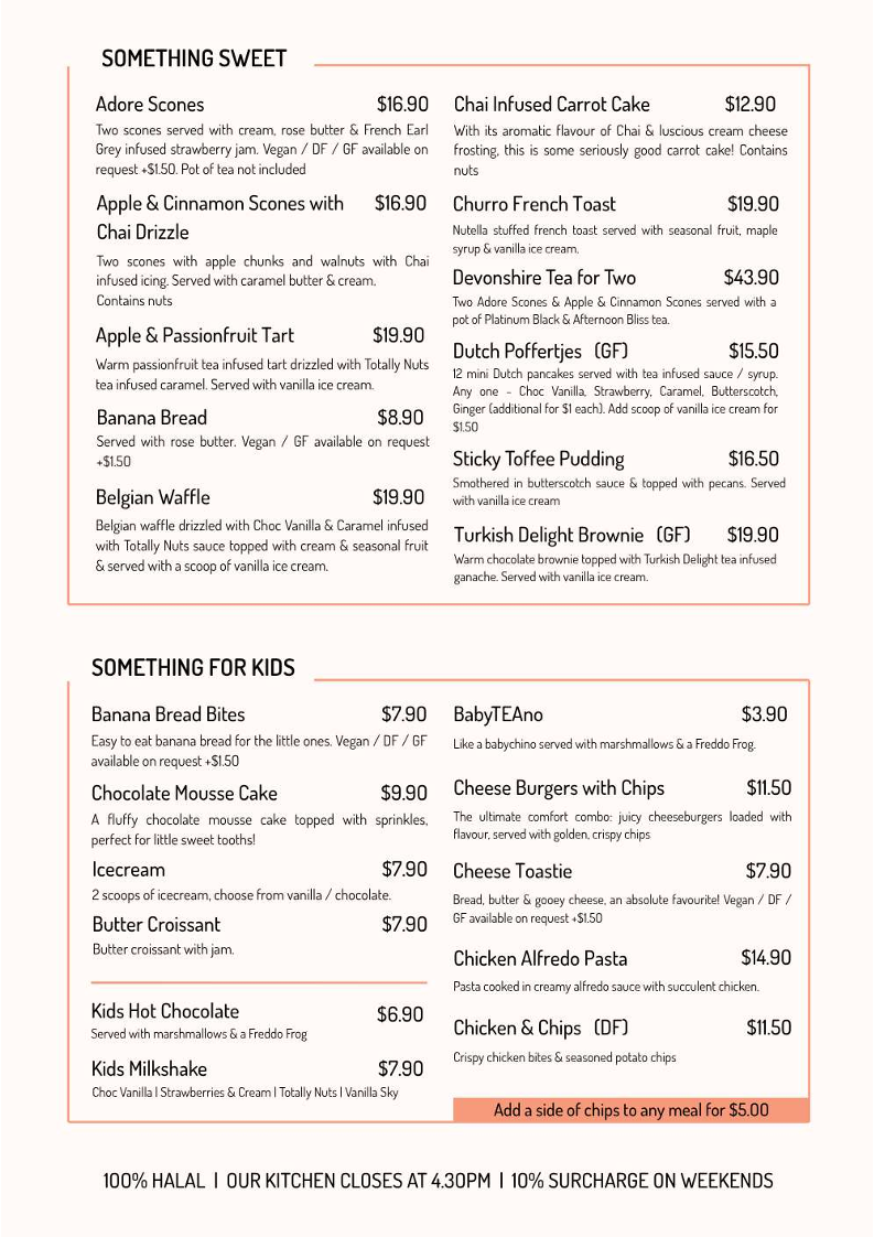 Menu, Adore Tea Teahouse & Boutique - Mitchell