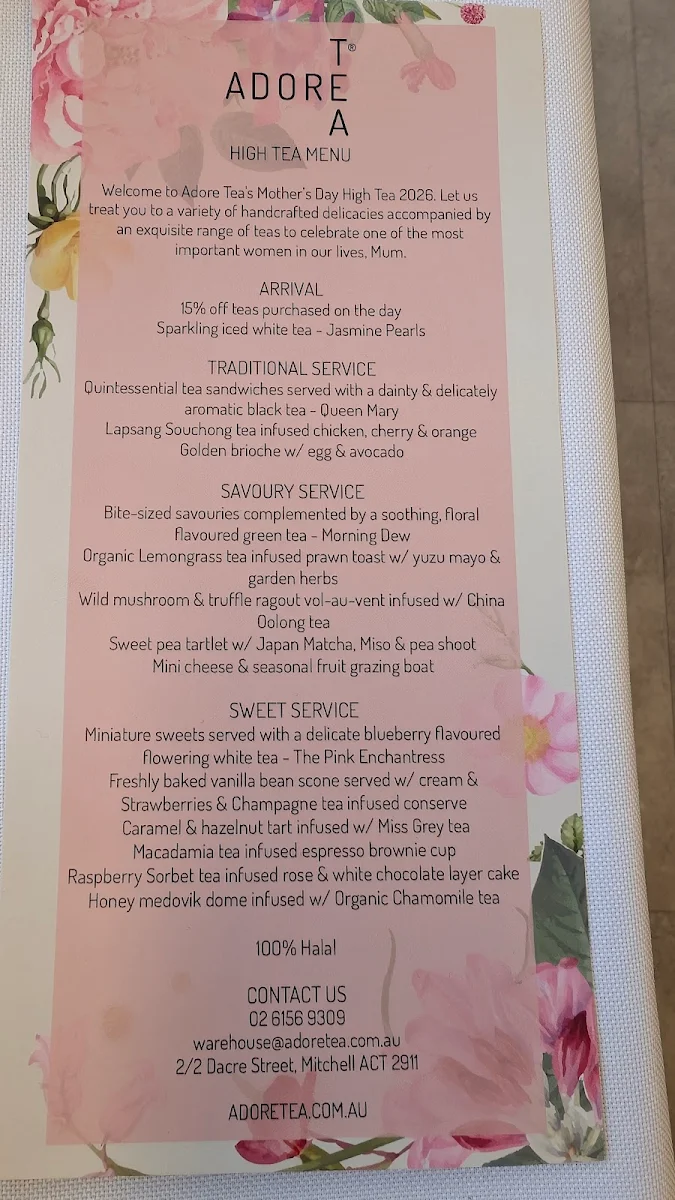 Menu, Adore Tea Teahouse & Boutique - Mitchell