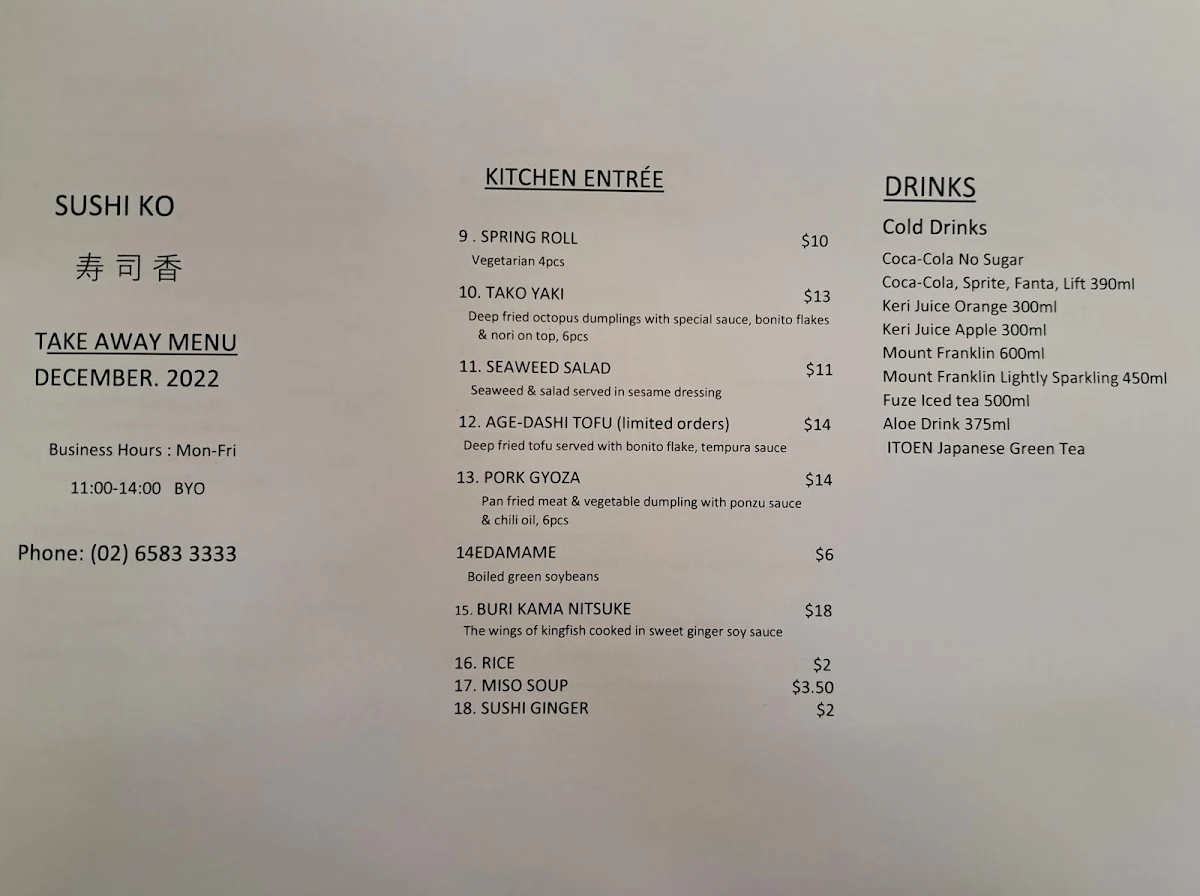 Menu, Sushiko Japanese Restaurant