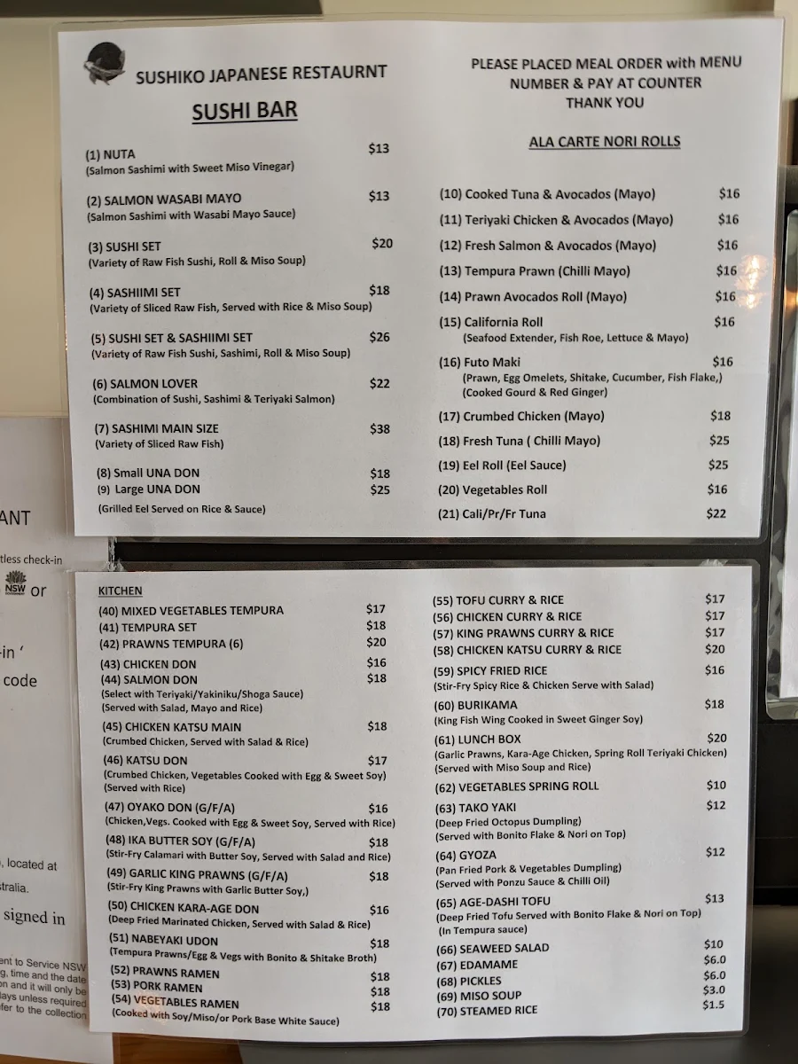 Menu, Sushiko Japanese Restaurant
