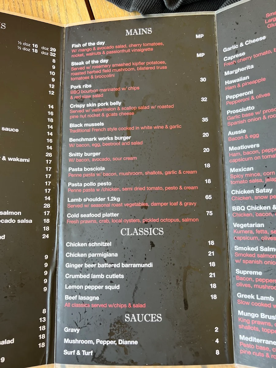 Menu, Benchmark on Booner