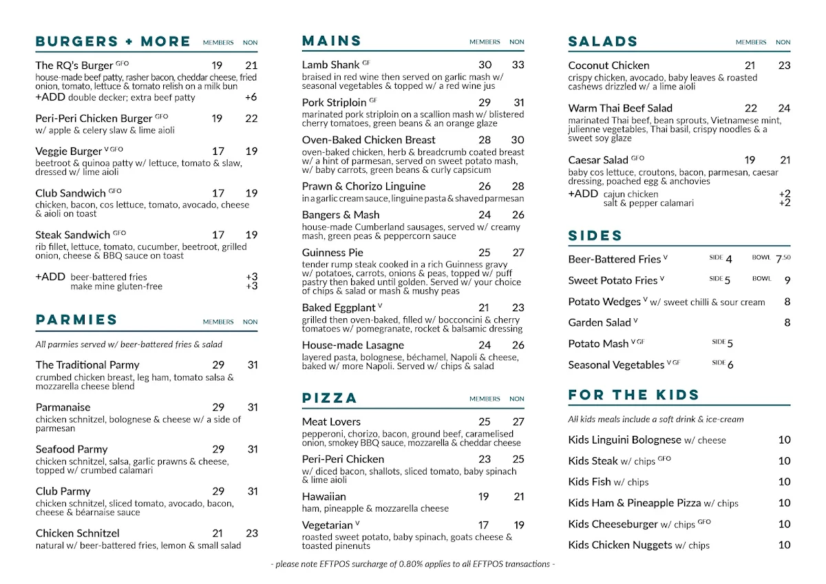 Menu, RQ'S Tavern