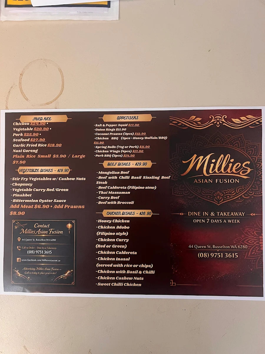 Menu, Millies Restaurant