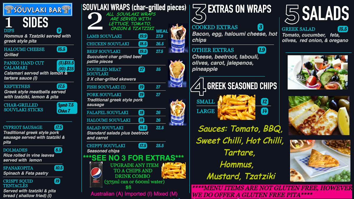 Menu, strand souvlaki bar