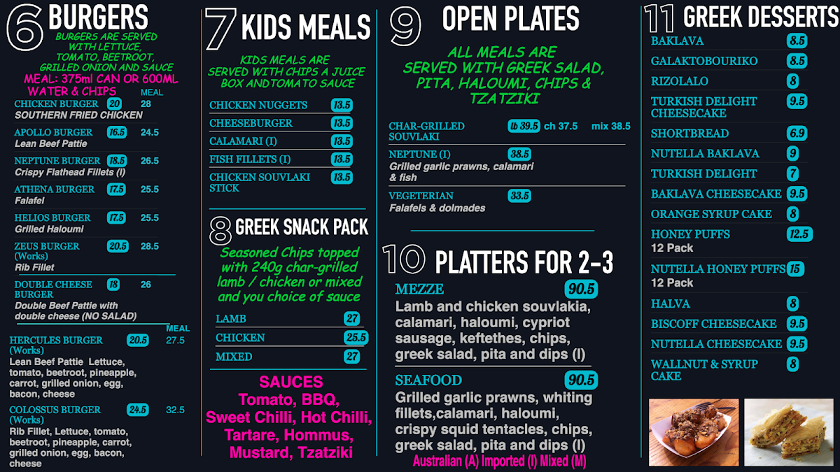 Menu, strand souvlaki bar