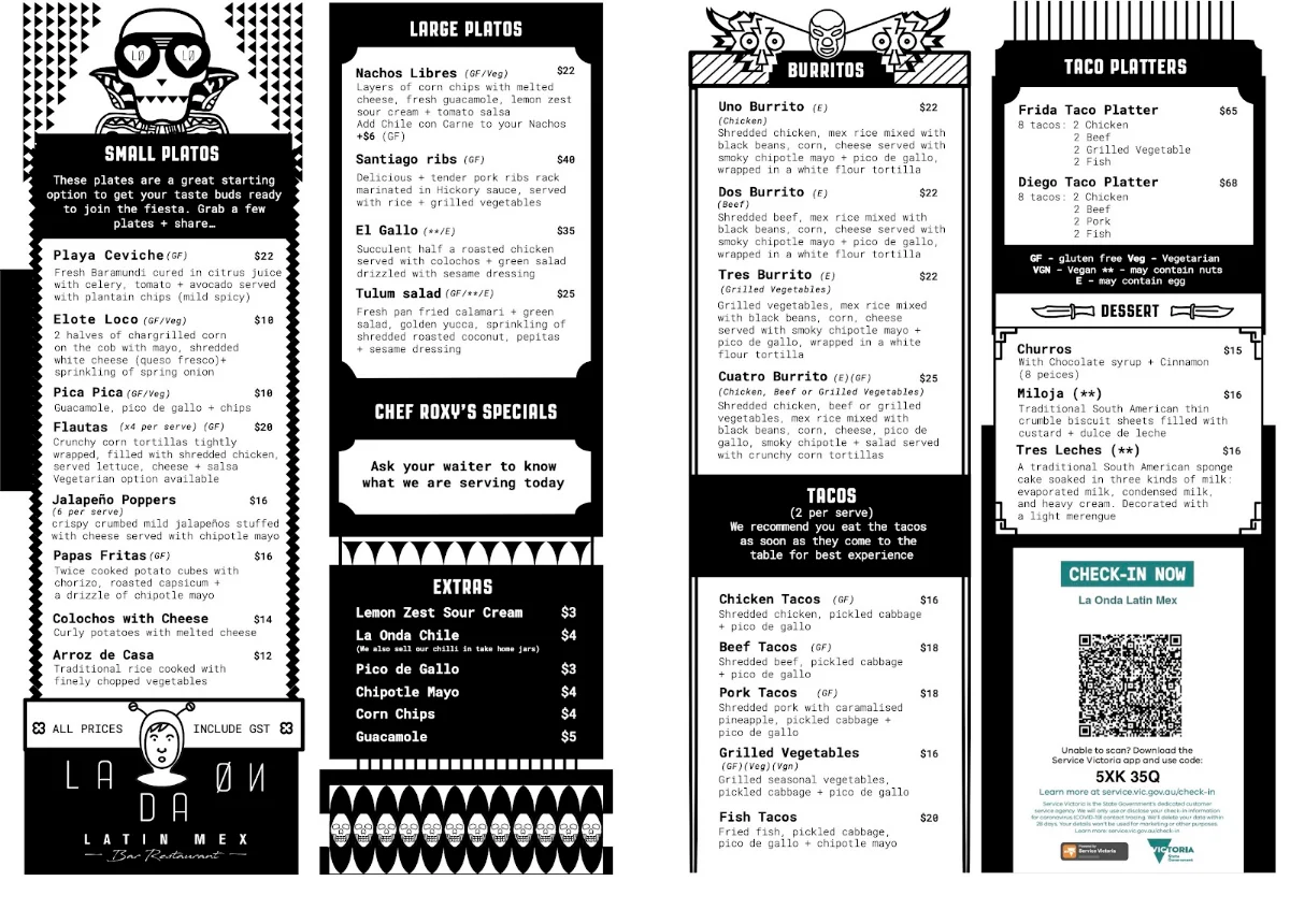 Menu, La Onda Latin Mex