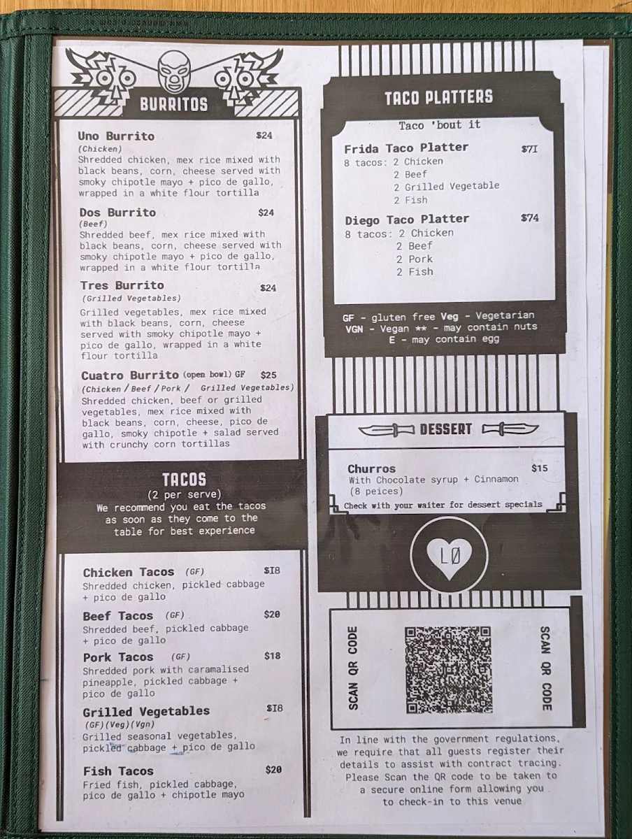 Menu, La Onda Latin Mex